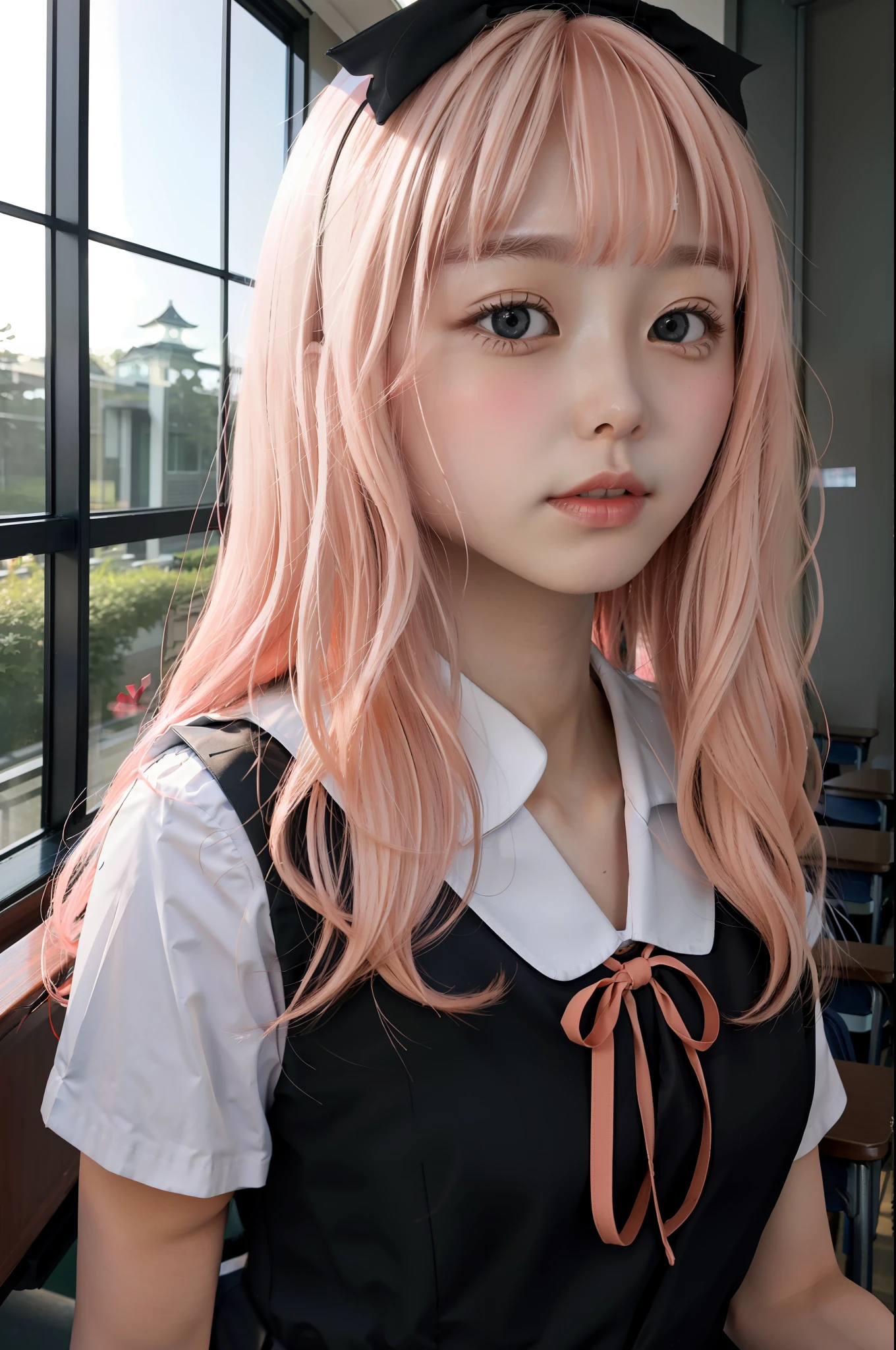 fujiwara chika、top-quality、ultra-detailliert、​masterpiece、独奏、girl with、light peach-colored hair、School uniform、White collar with red ribbon、Black school uniform。