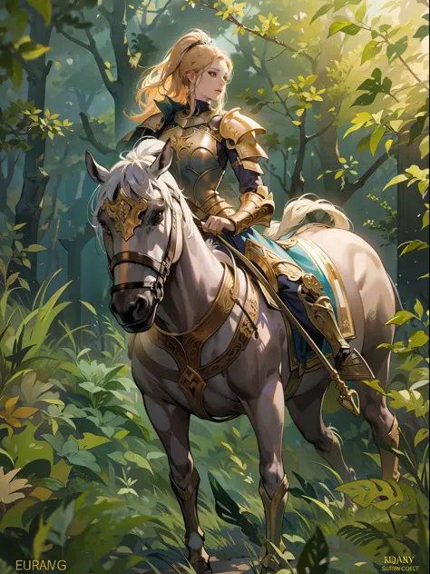 female centaur knight, comic style, translucent skin, subsurface scatter, ornate details, nature background, hyper-realistic, ci...