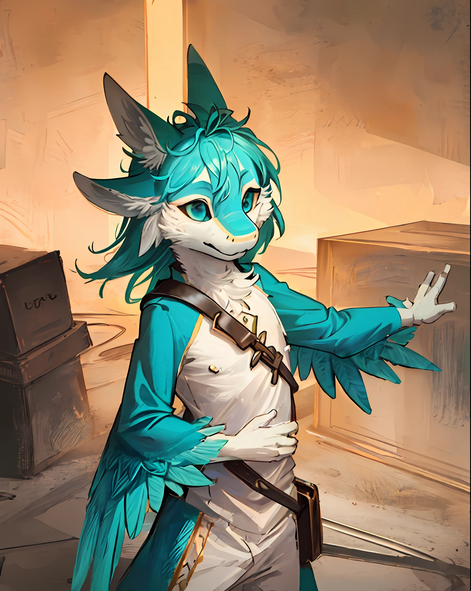 (Highly detailed illustration:1.2), Best quality, Masterpiece, Solo, Upper body, supportive, avian, feater, detailed feathered, Detailed face, Detailed eyes, Four ears, green feathery hair, Arm wings, fluffy chest, Feathery chest, Furry, anthro, Furry art, standing, White background