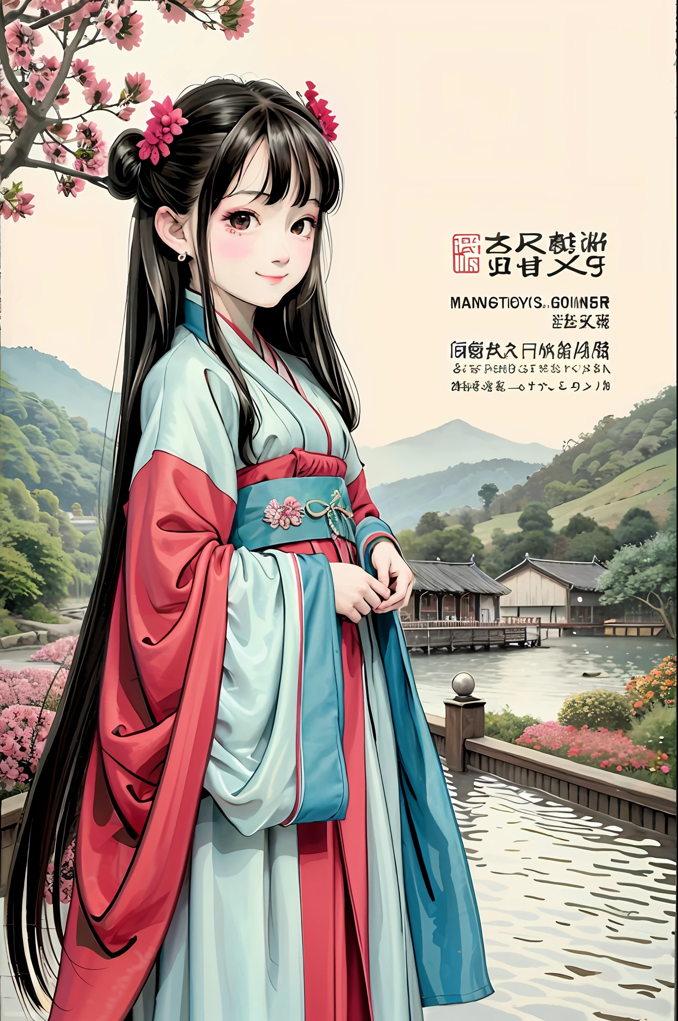 (masterpiece),best quality,good anatomy,shuimobysim,(1 girl:1),(The upper part of the body),(smile),Long straight hair,(hanfu),(ecchi0.5),(trees:0.3),(flowers: 0.5) ,(High hills:0.2),(Taoist temple:0.2),(small stream:0.2),(rios:0.2),