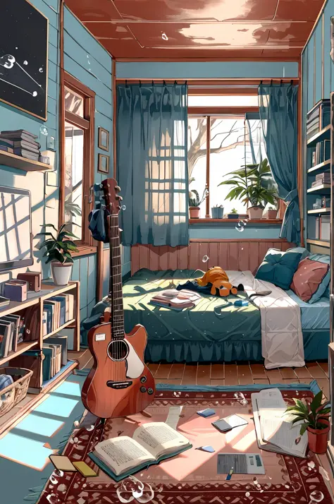 1girll, 独奏, Black hair, Holding, Sitting, pony tails, Shorts, Indoors, pouch, D cup, book, window, Bed, chair, Phone, plushies, the scarecrow, plant, Curtains, instrument, A table, camisole,  ganja, Bubble, looking at book, guitar, airbubble, Bed room, she...