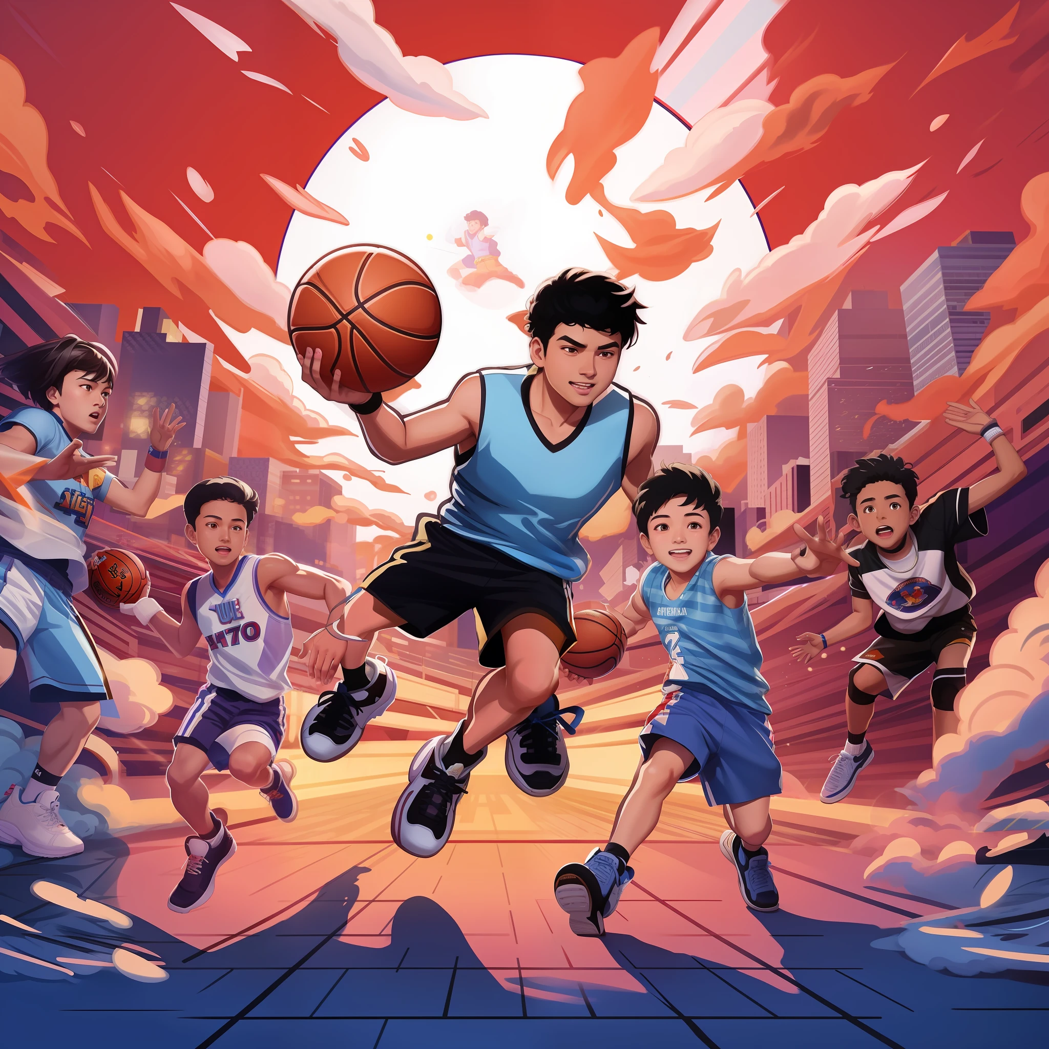 Cartoon illustration of a group of young people playing basketball in the city, in the style of sachin teng, author：Eddie Mendoza, jc leyendecker and sachin teng, Game illustration, Official artwork, author：Patrick Cheng, author：Ryan Yee, scence of slam dunk, offcial art, official fanart, dribble contest winner, full-colour illustration, Sachin Teng, author：Chen Jiesheng