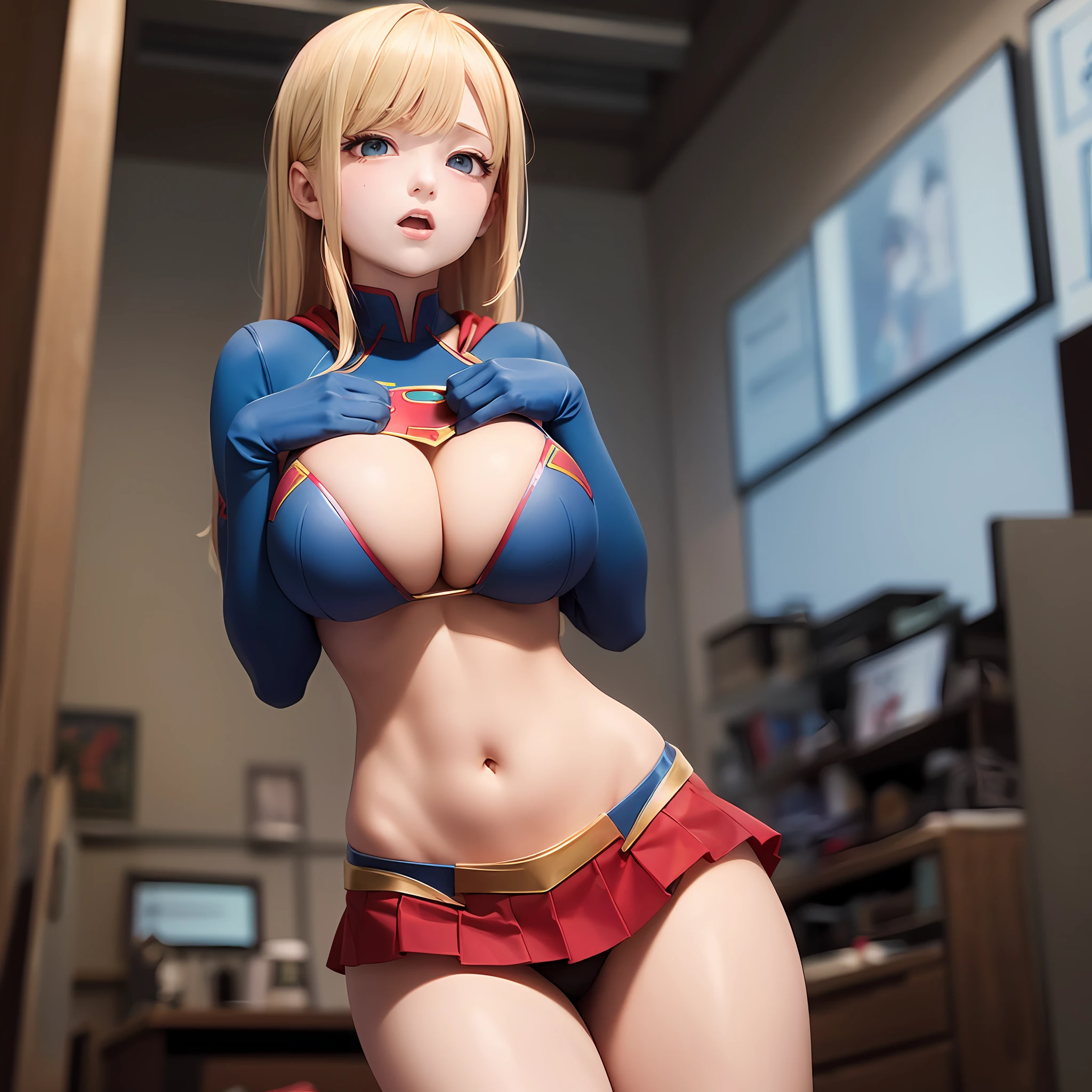 Big breasts Thin waist，low angles， Half-naked，The body is  open，Supergirl，Damaged clothes，lifting up skirt，huge tit，ruin  background，coiffed blonde hair，makes a pleading face --auto - SeaArt AI