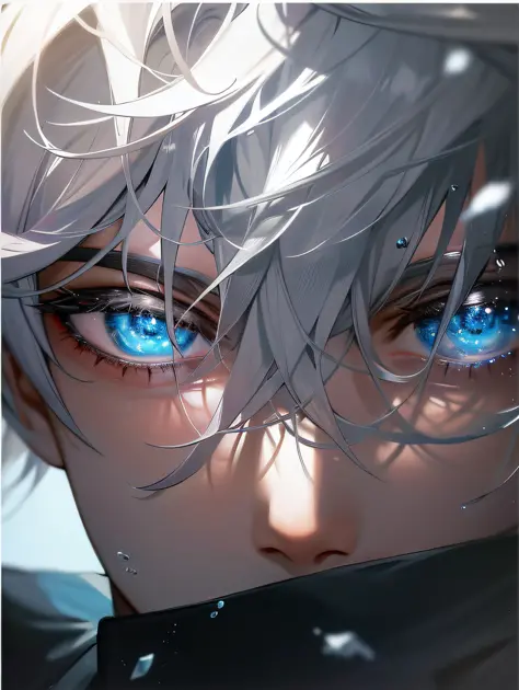 Anime - stylistic image of a man with blue eyes and white hair, icy look in the eye, sad cerulean eyes, Tall anime guy with blue...