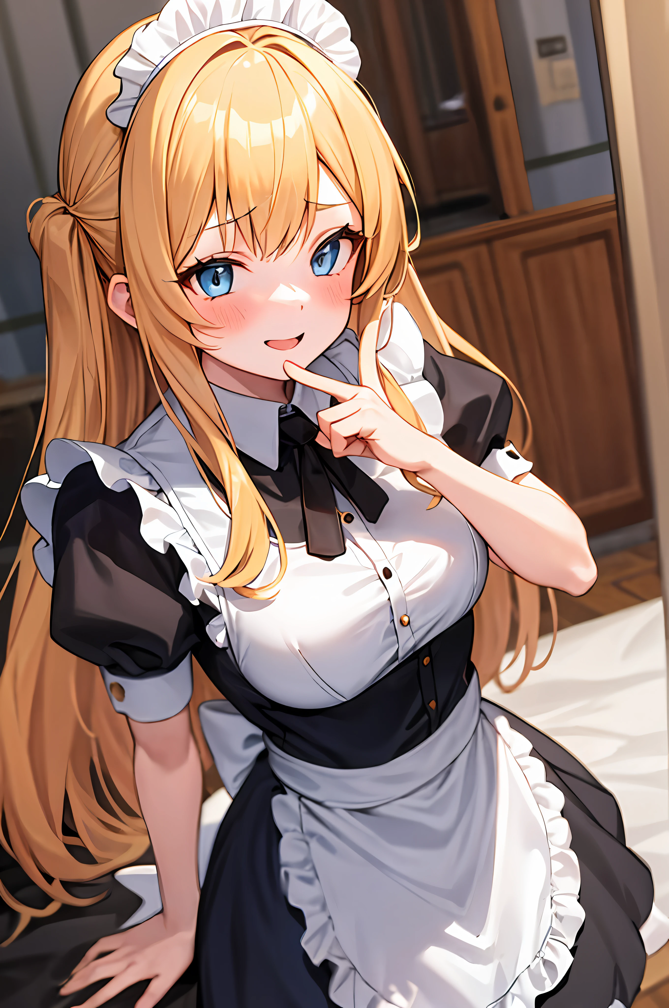 teens girl,blond hairbl,blue color eyes,style of anime,the maid outfit,blacksilk,A masterpiece,Finger details,Whole body diagram,ssmile,with a faint blush face