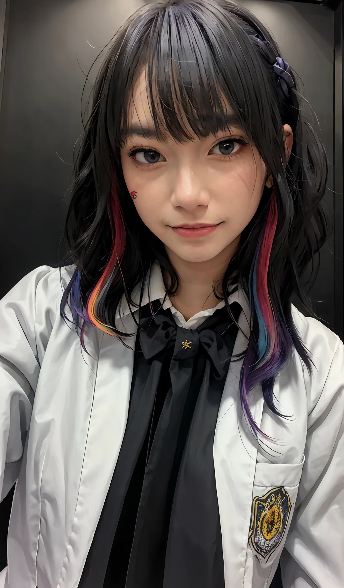 (extremely detailed CG portrait,masterpiece, best quality),(vibrant hair-colorful hair:1.2),(pretty school uniform),(beautiful eyes),(night view),(city lights),(full body tattoo),(dark background), indonesian face, indonesian vibes