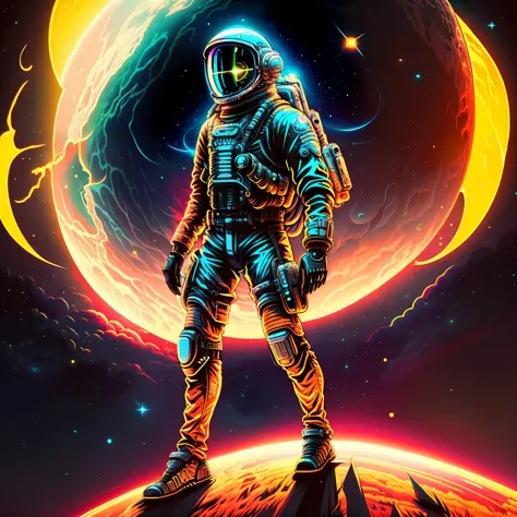 Astronauta parado en un planeta con un sol amarillo brillante en el fondo, Astronauta varado en el planeta, Astronauta perdido e...