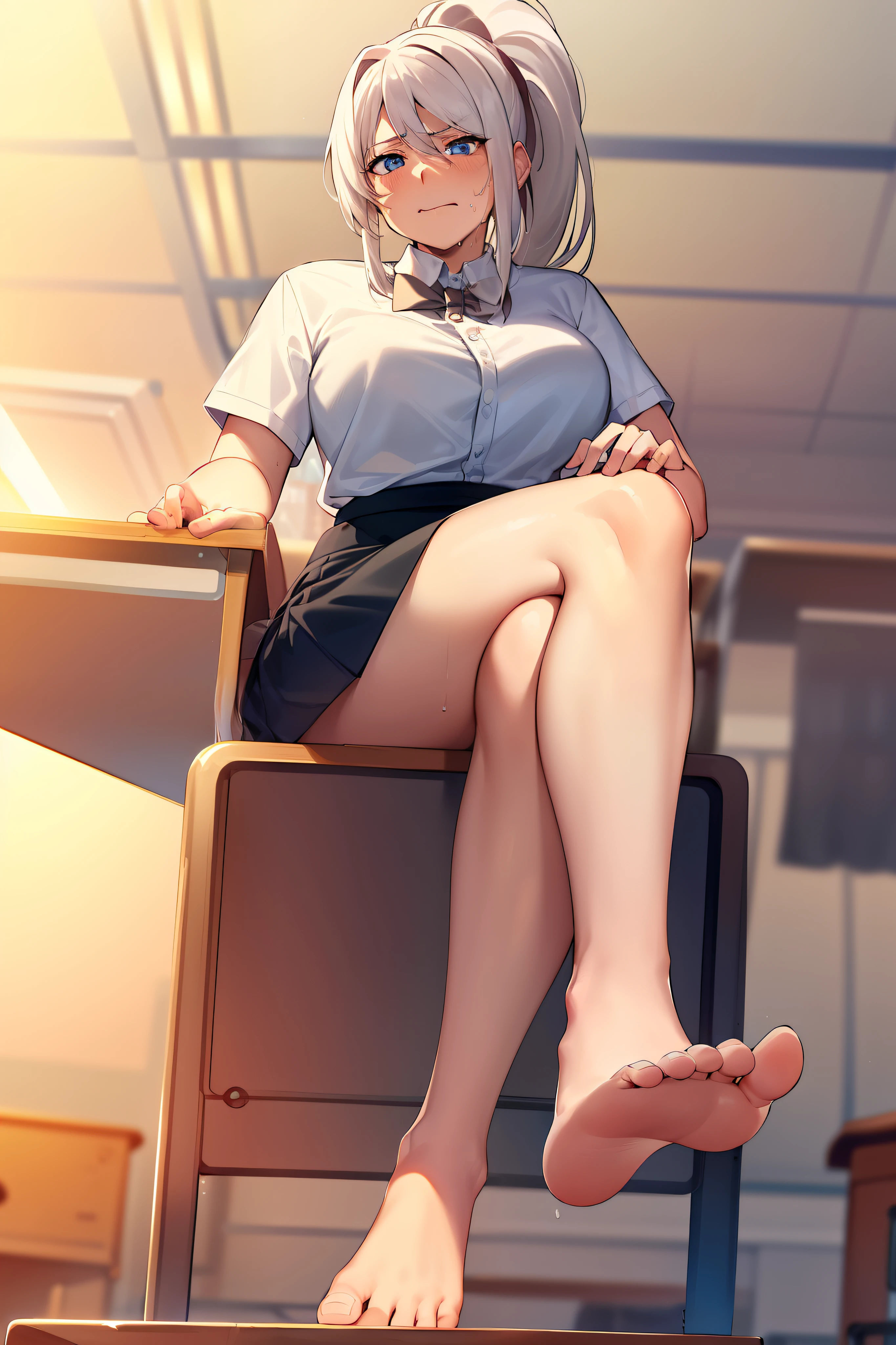 2d, masterpiece, best quality, anime, highly detailed, 1girl, solo, (white hair, blue eyes, white shirt, buttoned shirt, black skirt, black bowtie:2), (very long hair:1.4), (ponytail:2), school uniform, straight-on, smile, (full body:1.5), (from below:1.5), thick thighs, looking down at viewer, upskirt, (large breasts:1.3), field, (looming:1.3), (mature female:1.6), high quality, hd quality, masterpiece, photorealistic, (presenting foot, soles, close-up foot:1.3), intense angle, :d, (sitting on desk:1.6), very low angle, female pervert, toragao, (sitting:1.5), (bare legs, barefeet, barefoot,:1.4), full body in frame, (classroom, indoors:1.3), clasroom desk, (hand on desk:2), (one hand at side:1.6), (licking lips, licking own lips:1.1), (sweat:1.2), anime girl sitting on a desk with her legs crossed, hyperrealistic schoolgirl, realistic schoolgirl, a hyperrealistic schoolgirl, seductive anime girl, smooth anime cg art, thighs close up, thighs!!!, beautiful anime girl squatting, commission for high res, large thighs, extremely detailed artgerm, sitting on a desk, on a desk, (crossed legs:1.7), (disappointed, closed mouth:2), (bangs:1.4), (perfect feet:1.4),