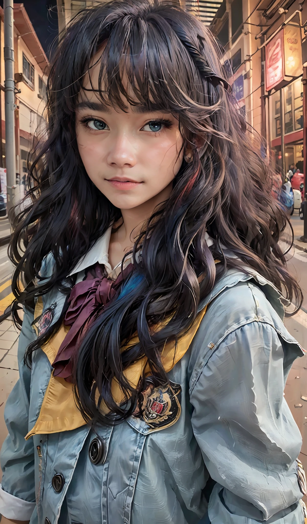 (extremely detailed CG portrait,masterpiece, best quality),(vibrant hair-colorful hair:1.2),(pretty school uniform),(beautiful eyes),(night view),(city lights),(dark background), indonesian face, indonesian vibes