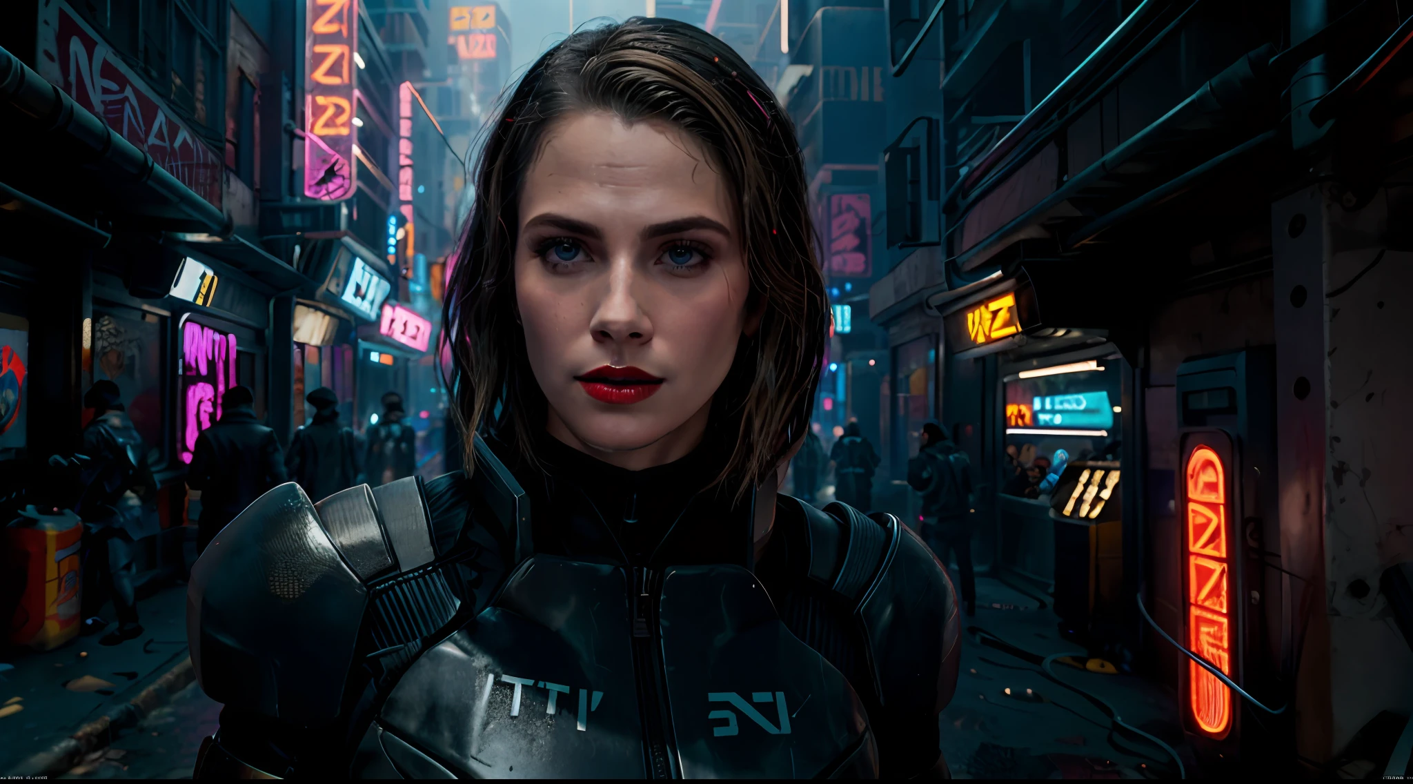 De cerca, Una supermodelo muy bonita, rubio, con caderas muy anchas y cintura estrecha, labios llenos, Cintura pequeña y caderas grandes, pintalabios rojo, en trajes cyberpunk en una bulliciosa ciudad cyberpunk con letreros de neón, estética de blade runner, Luces de neón, enfoque nítido, foto de estudio, detalles intrincados, muy detallado, Profundidad de campo, enfoque nítido, Alto detalle, textura de piel realista, Realista, fotorrealista, arte digital, pintura Fosca, Dirigido por: Greg Rutkowski