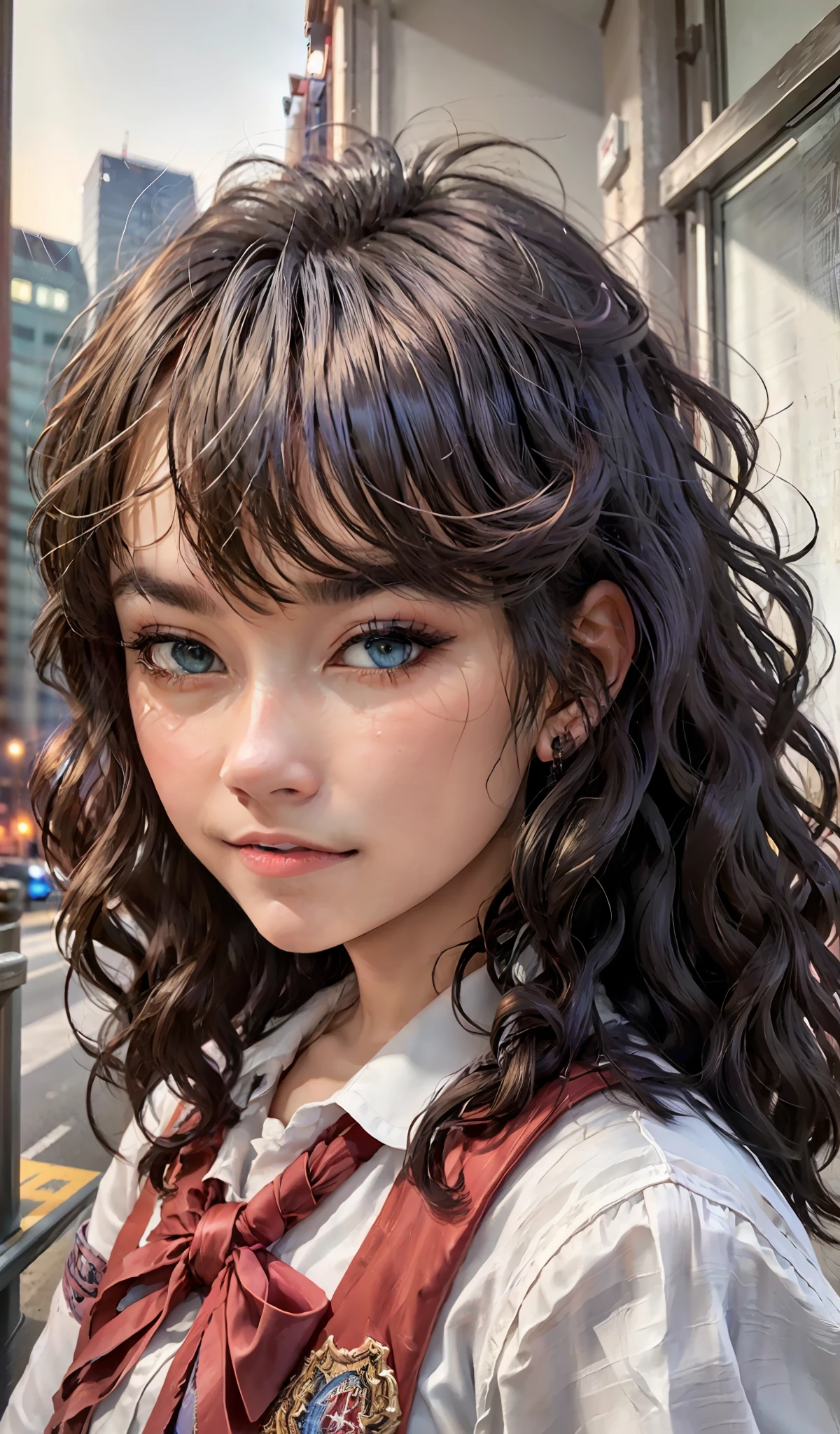 (extremely detailed CG portrait,masterpiece, best quality),(vibrant hair-colorful hair:1.2),(pretty school uniform),(beautiful eyes),(night view),(city lights),(dark background)