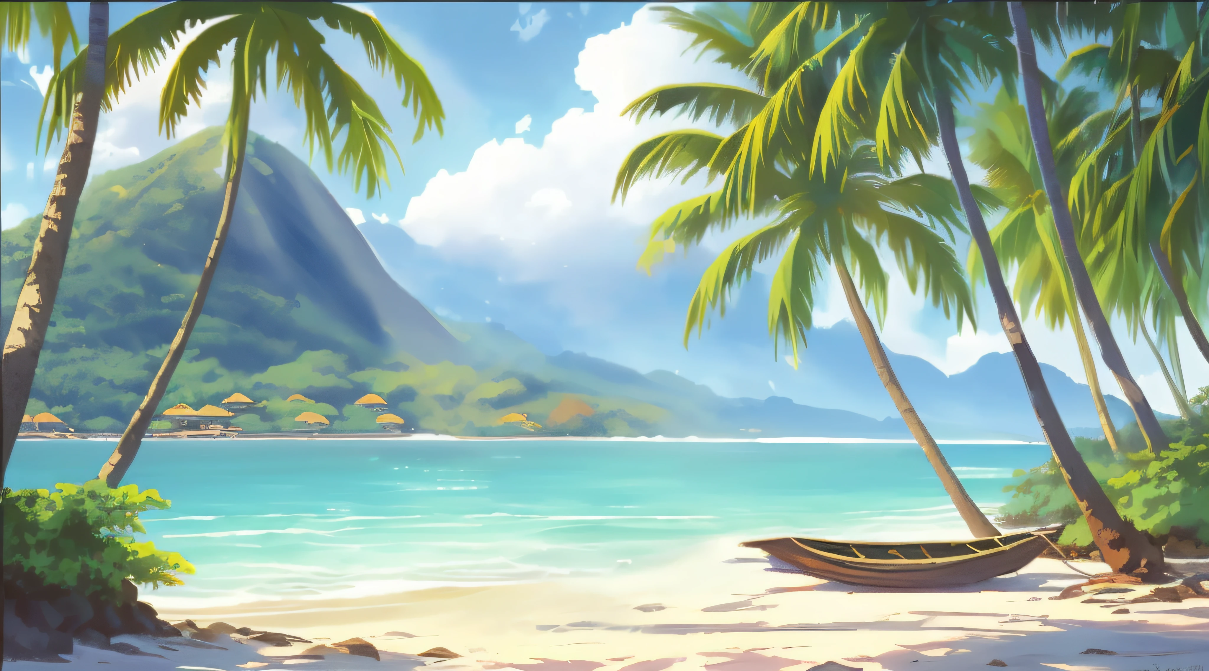 Es gibt ein Kanu am Strand in der Nähe des Wassers und Palmen, Fundo da Ilha, entspannende Konzeptkunst, Anime-Hintergrundkunst, schöne Tapete, wallpaper tolle hintergrundbild, Anime-Hintergrund, Strandhintergrund, hochwertige Desktop-Hintergrundbilder, tropisches Strandparadies, tropischer Strand, hintergründig luftig, Anime-Landschaftstapete, schöner Hintergrund, PC-Hintergrundbild, gemalt im Anime-Maler-Atelier, 4K HD illustratives Hintergrundbild