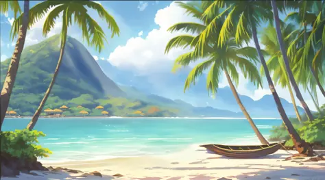 There is a canoe on the beach near the water and palm trees, fundo da ilha, arte conceitual relaxante, arte de fundo do anime, p...