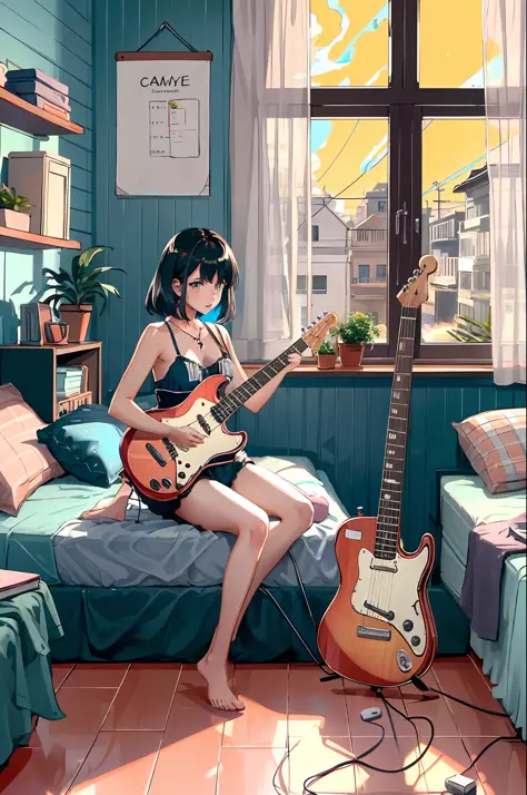 lineart, 
1girl, 独奏, Hair, holding, sitting, Indoors, pouch, a cup, book, Window, bed, chair, phone, stuffed toy, Scarecrow, plant, Curtains, instrument, a table, camisole,  watch, electric guitar, bed room, shelf, calendar (object), coral, mint, lilac,Yel...