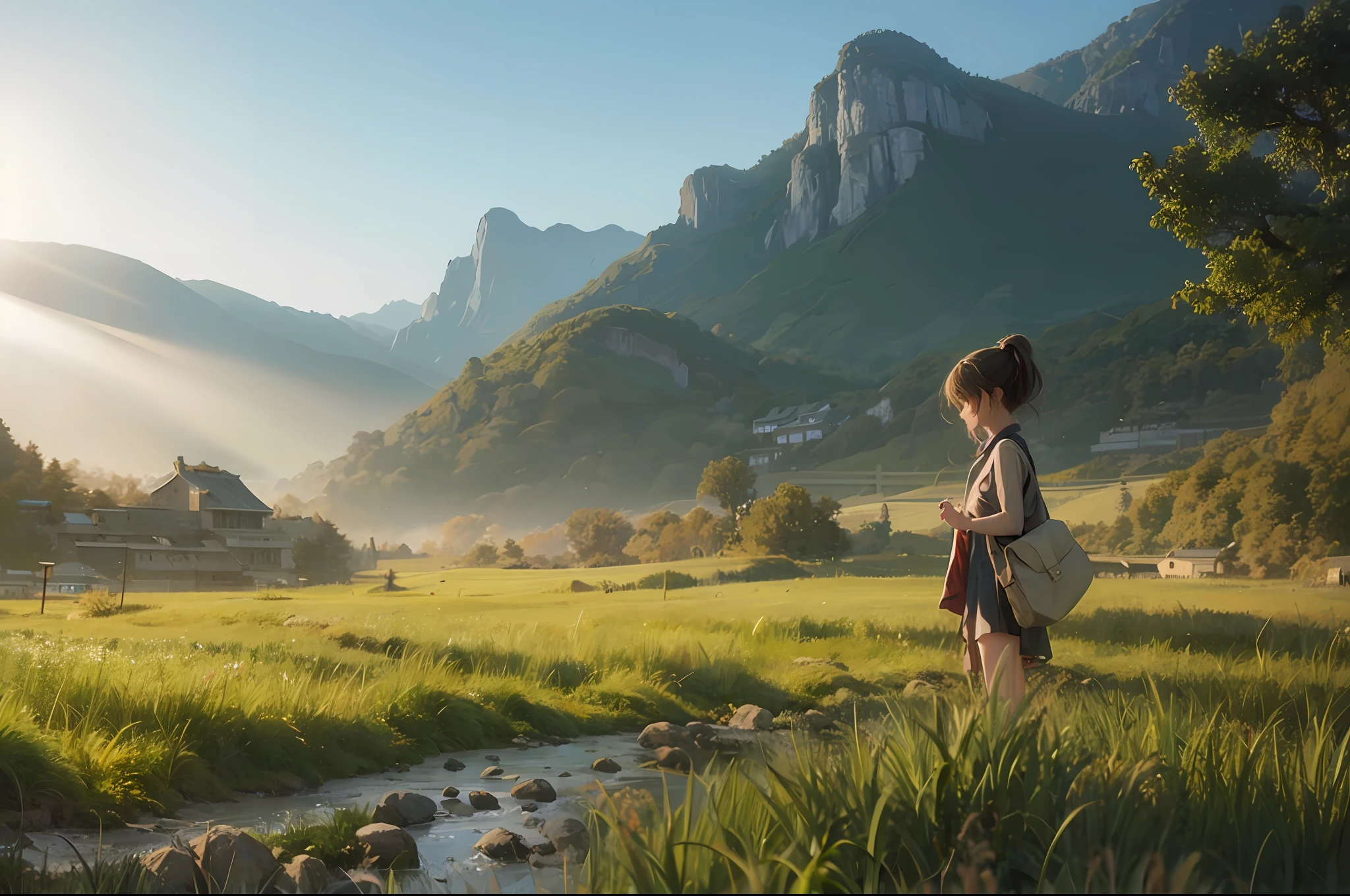 there is a girl standing in a field with a bag, girl walking on mountain, girl standing on mountain, girl walking in a canyon, lost in a dreamy fairy landscape, looking at the mountains, cinematic morning light, girl walking on cliff, girl standing on side river, panoramic view of girl, beautiful environment face details