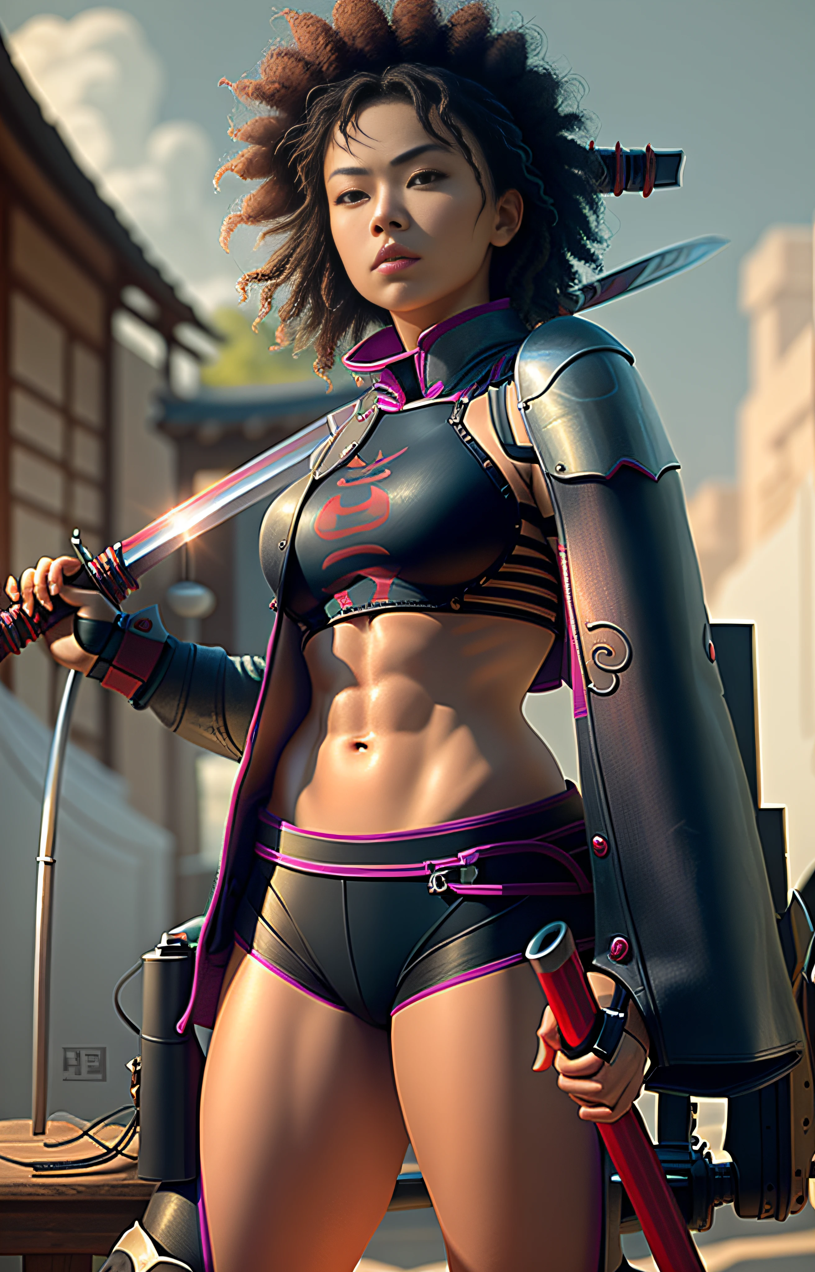 ((best quality)), ((masterpiece)), ((realistic)), ((detailed)), ((4k resolution, ultra-realistic, very detailed, incredibly detailed, absurd, HDR)), there is a woman of black bikini and jacket holding a sword, handsome samurai with afro, samurai with afro, katana, pose, she is holding a katana sword, she is ready to fight, muscular warrior women, warrior body, female samurai unsheathing her katana, profile picture, strong woman, posing ready for a fight, fit girl