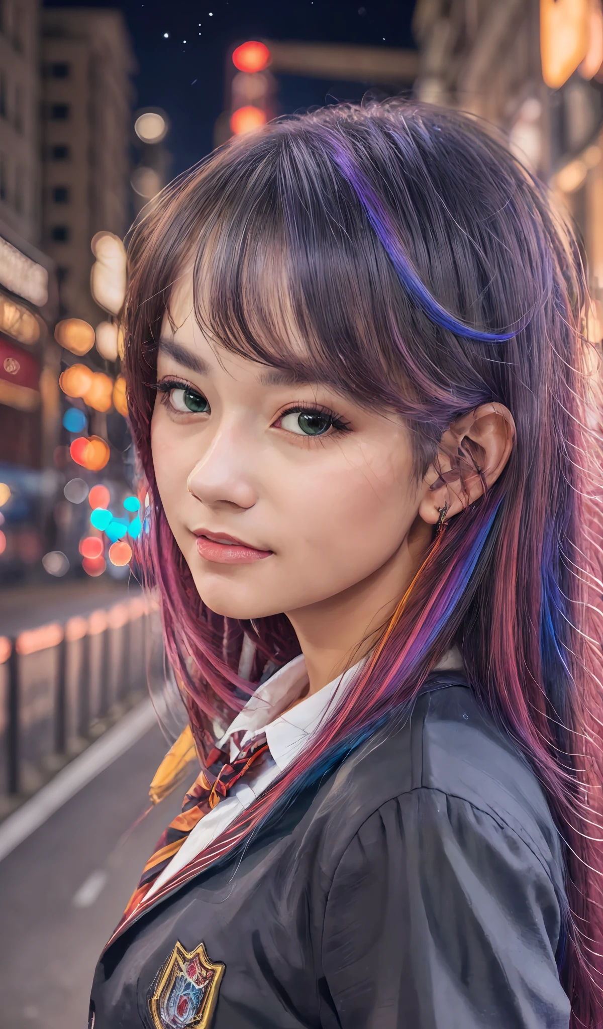 (extremely detailed CG portrait,masterpiece, best quality),(vibrant hair-colorful hair:1.2),(pretty school uniform),(black eyes),(night view),(city lights),(dark background)