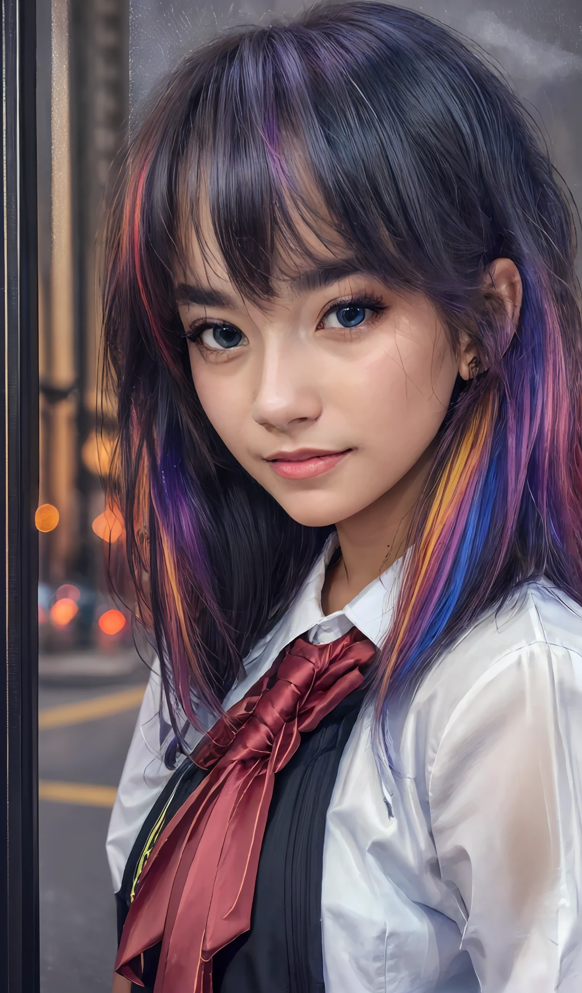 (extremely detailed CG portrait,masterpiece, best quality),(vibrant hair-colorful hair:1.2),(pretty school uniform),(black eyes),(night view),(city lights),(dark background)