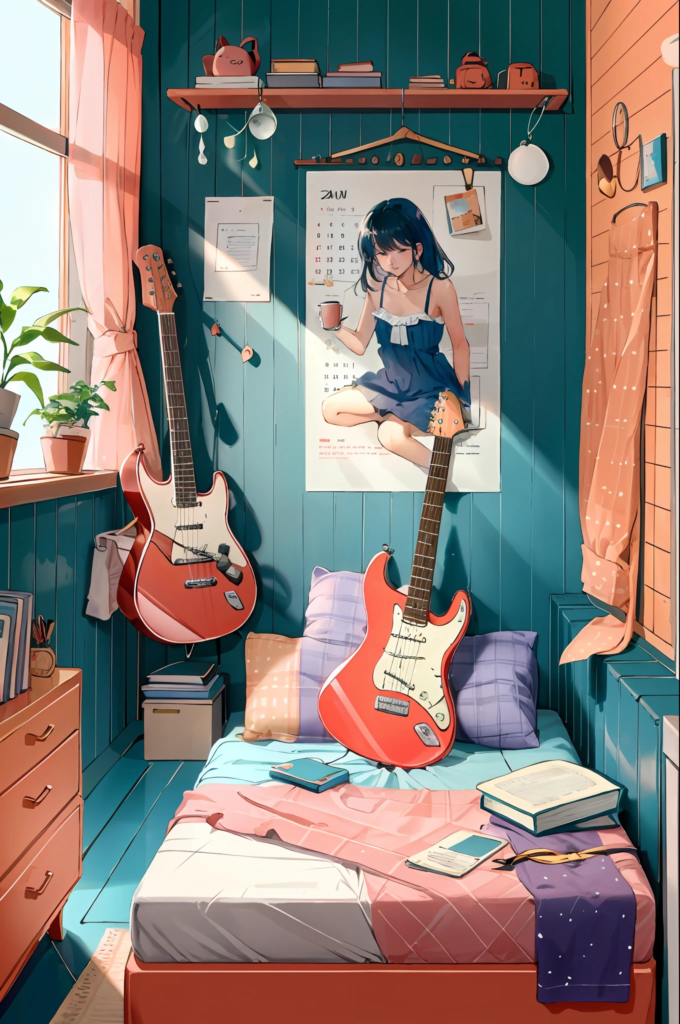 lineart, 
1girl, 独奏, Hair, holding, sitting, Indoors, pouch, a cup, book, Window, bed, chair, phone, stuffed toy, Scarecrow, plant, Curtains, instrument, a table, camisole,  watch, electric guitar, bed room, shelf, calendar (object), coral, mint, lilac,Yellow, View from the window,