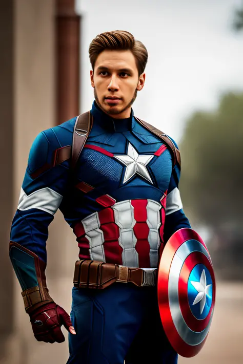 Very detailed photo of a man in Captain America armor，Model photo shoot，8k UHD，hyper-detailing，RAW photography