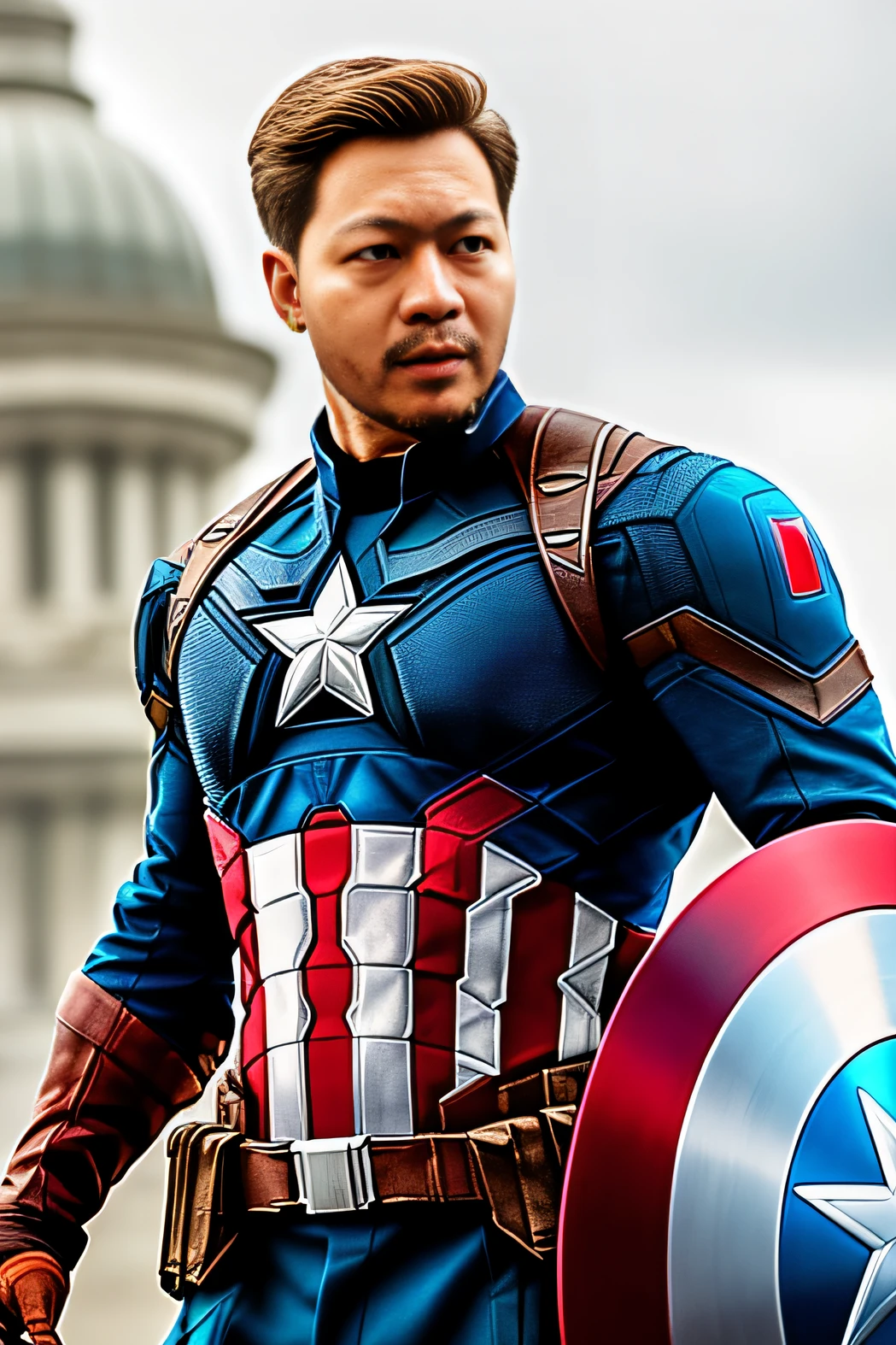 Foto muy detallada de un hombre con armadura del Capitán América，sesión de fotos modelo，8K UHD，Hiperdetalle，Fotografía cruda