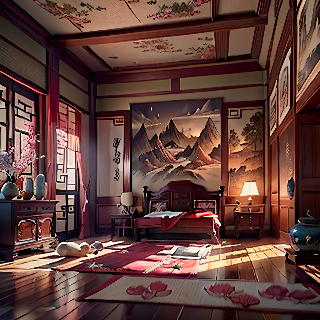 (extremely detailed CG unity 8k wallpaper, masterpiece, best quality, ultra-detailed), traditional chinese empty room with an inkwash paiting on the floor，(traditional chinese palace，Beautiful rendering of the Tang Dynasty，inspired by Xuande Emperor，room of the nameless painter，Tang Dynasty Palace，ancient china art style，Photo of 3D iOS Room，It has ancient Chinese aesthetics), (HDR: 1.3)