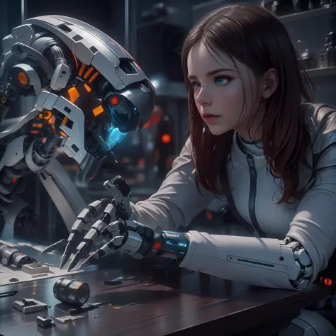 STYLE; She is a humanoid robot building a body of another humanoid robot that is lying on a table, sci-fi laboratory. IMAGE QUAL...