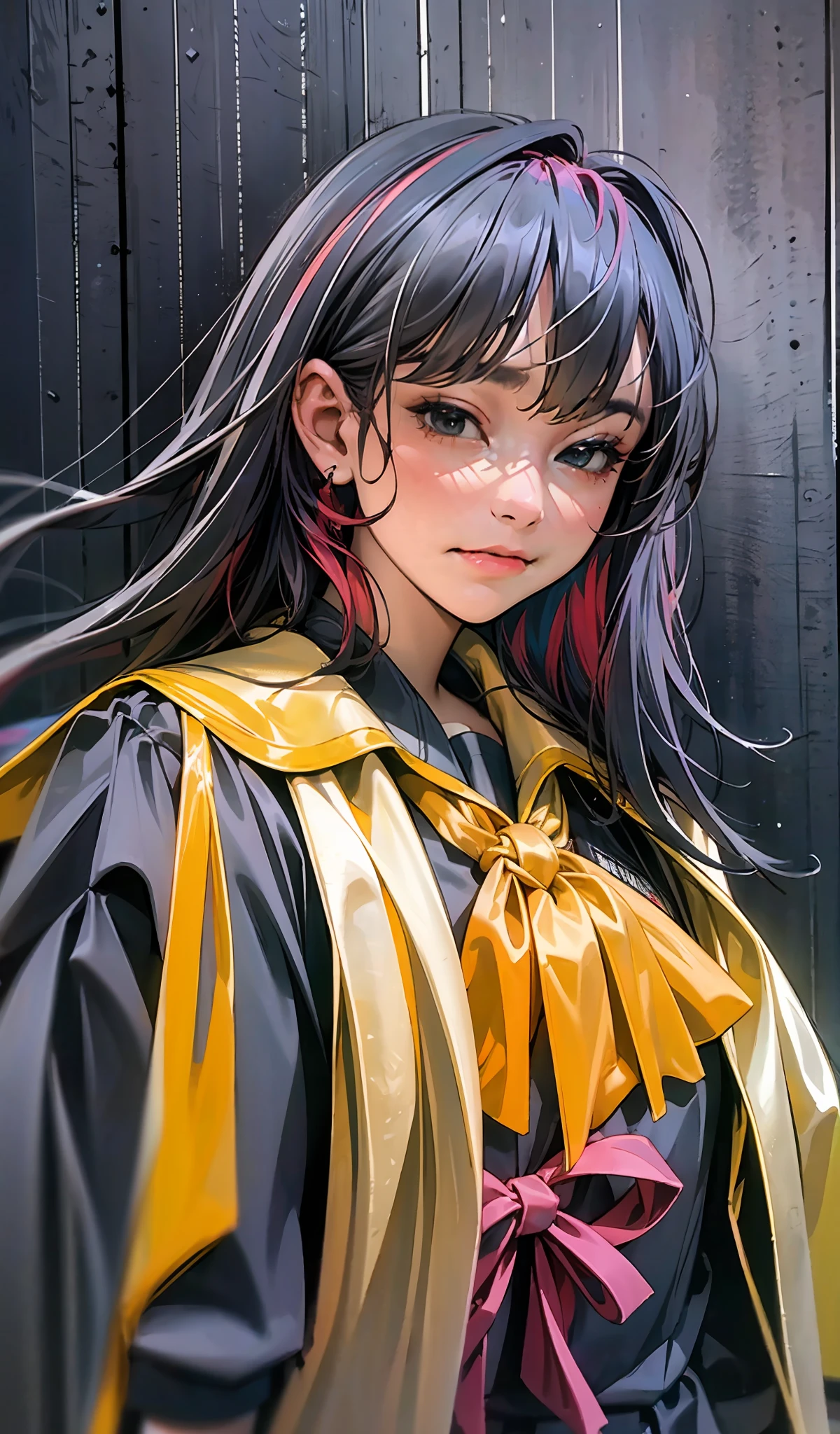 (extremely detailed CG portrait,masterpiece, best quality),(vibrant hair-colorful hair:1.2),(pretty school uniform),(black eyes),(night view),(city lights),(dark background), full body, freya jkt48