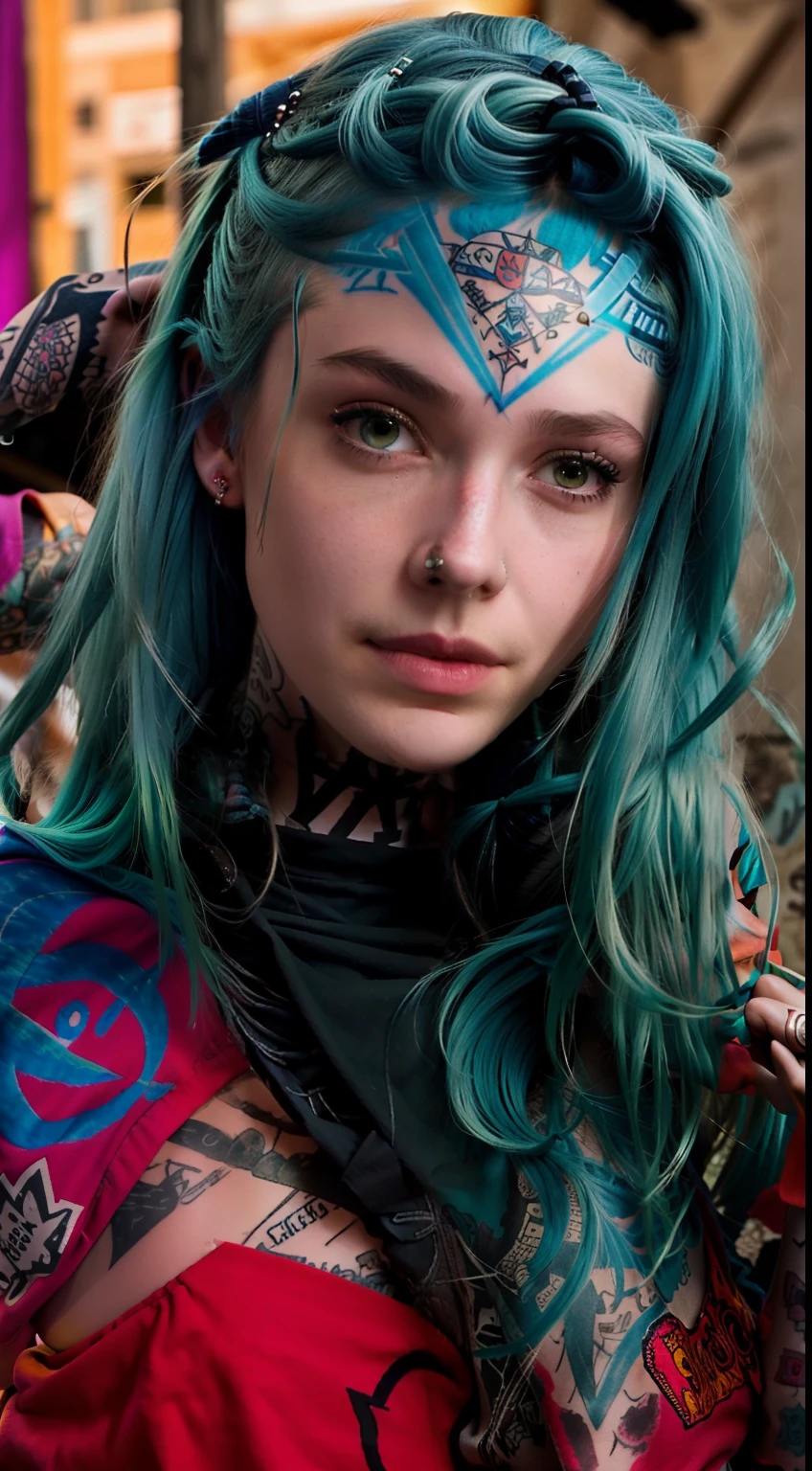 Jinx is slim, bare-bellied, dimly lit, perfect hands, fair-skinned. He wears the common punk streetwear typical of Zaunite youth. Her most striking features are her stylized cloud tattoos, as well as her natural blue hair in two ponytails.