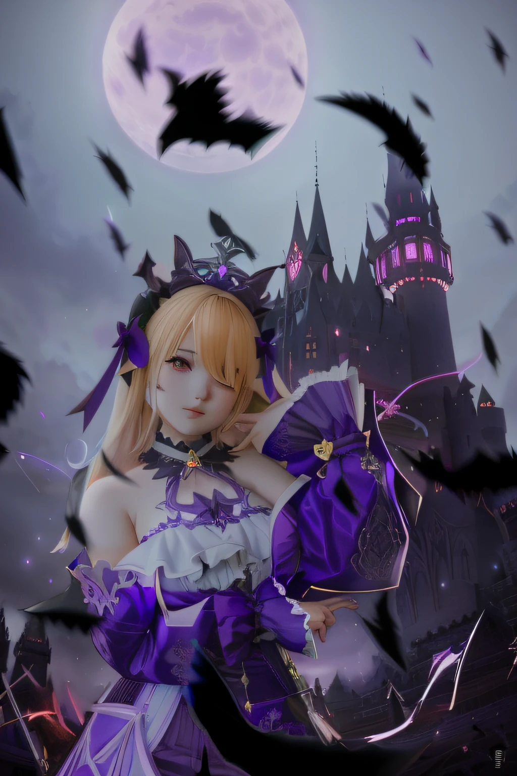 Anime girl wearing purple dress，Bats flew around her, shalltear from overlord, shalltear bloodfallen, Ayaka Genshin impact, Shot on Canon EOS R 6, 8k octae render photo, From NCSOFT, Artoria Pendragon, Gorgeous Role Play, ffxiv heavensward, spellcasting pose, ( castle in background )