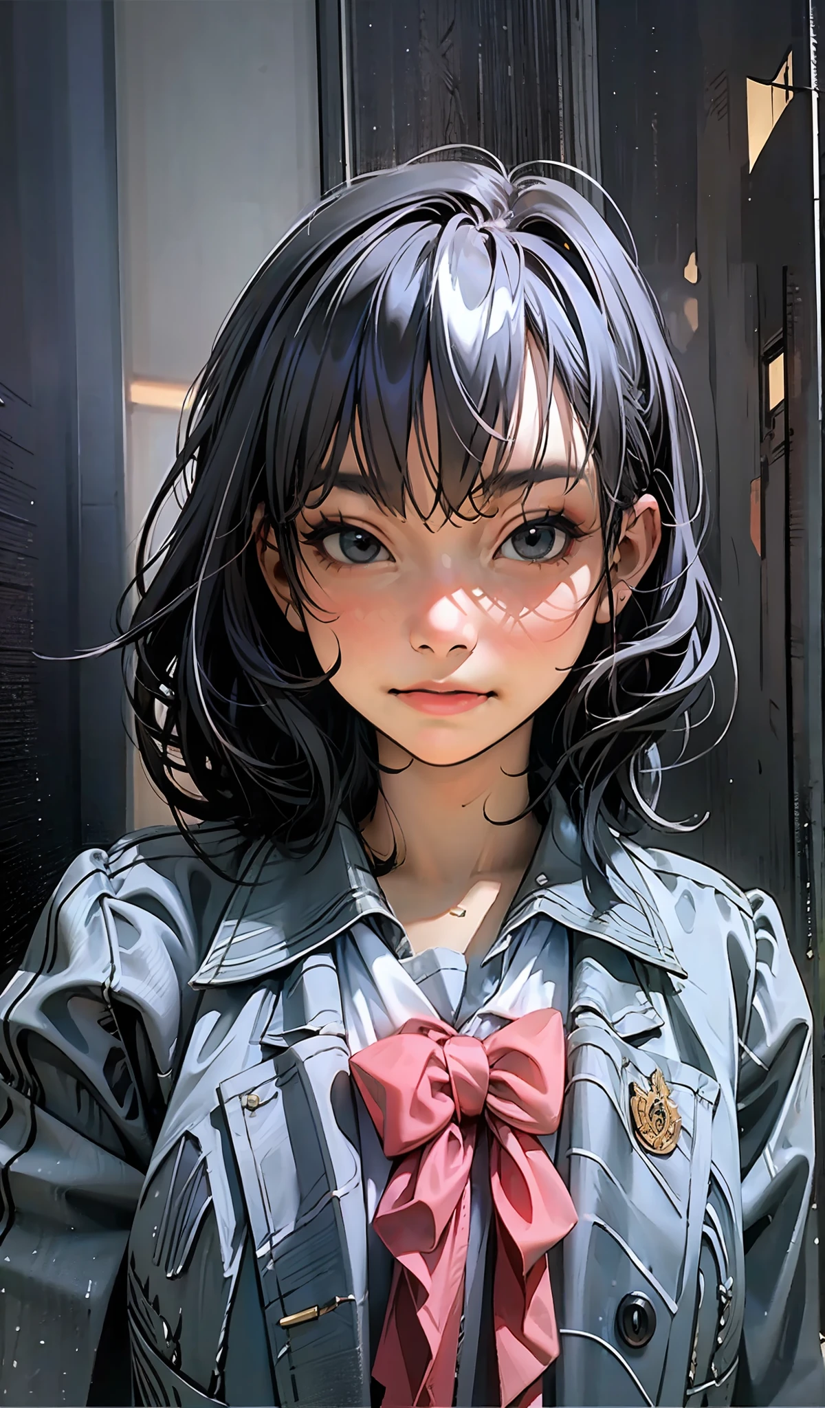 (extremely detailed CG portrait,masterpiece, best quality),(black hair),(pretty school uniform),(black eyes),(night view),(city lights),(dark background), full body, freya jkt48