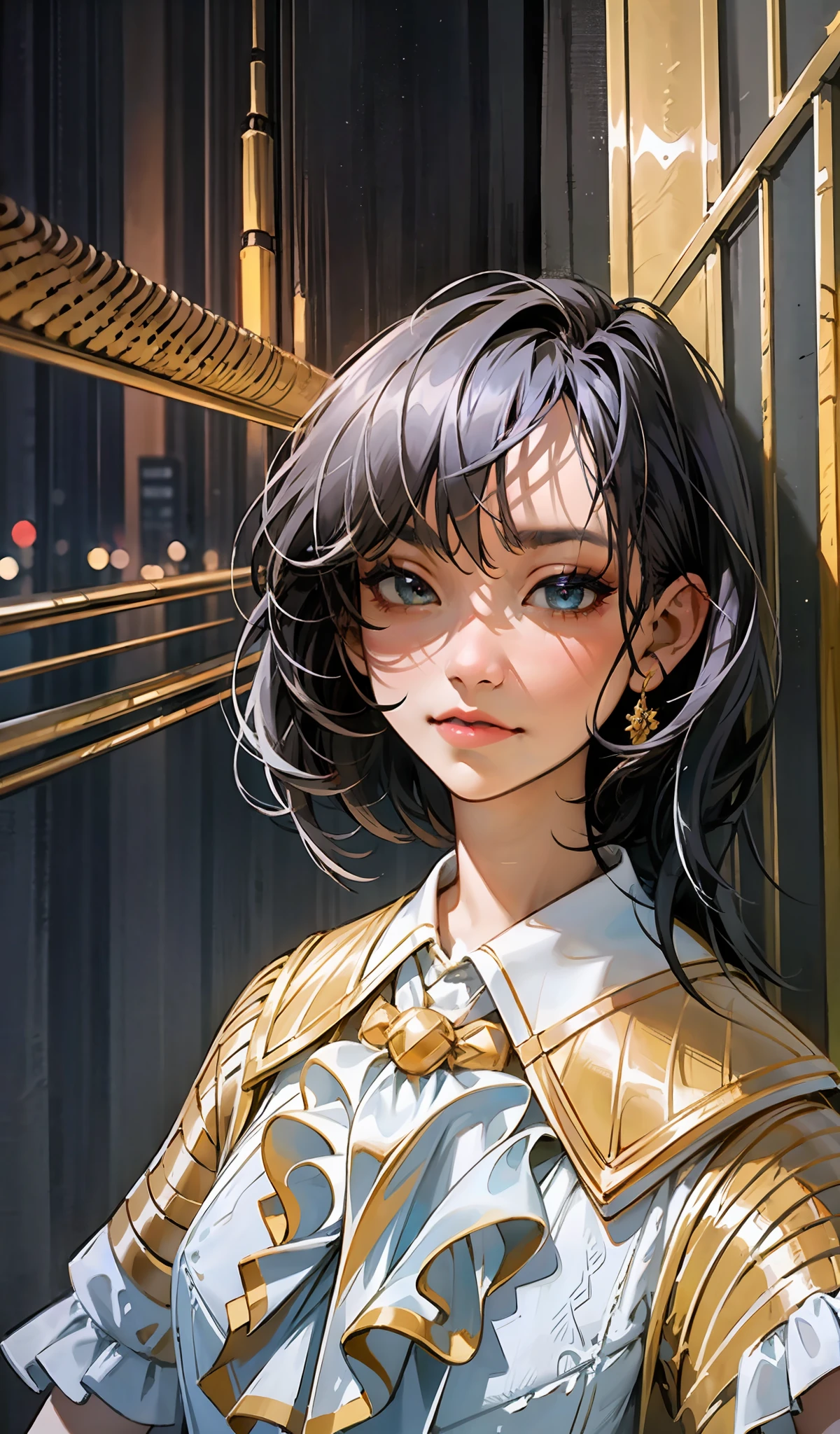 ((extremely detailed CG portrait)), (masterpiece), (best quality), black hair, beautiful eyes, (night view), (city lights), (dark background), full body, female, (Asian ethnicity), (Frilled white dress), (Elegant pose), (Golden accessories)