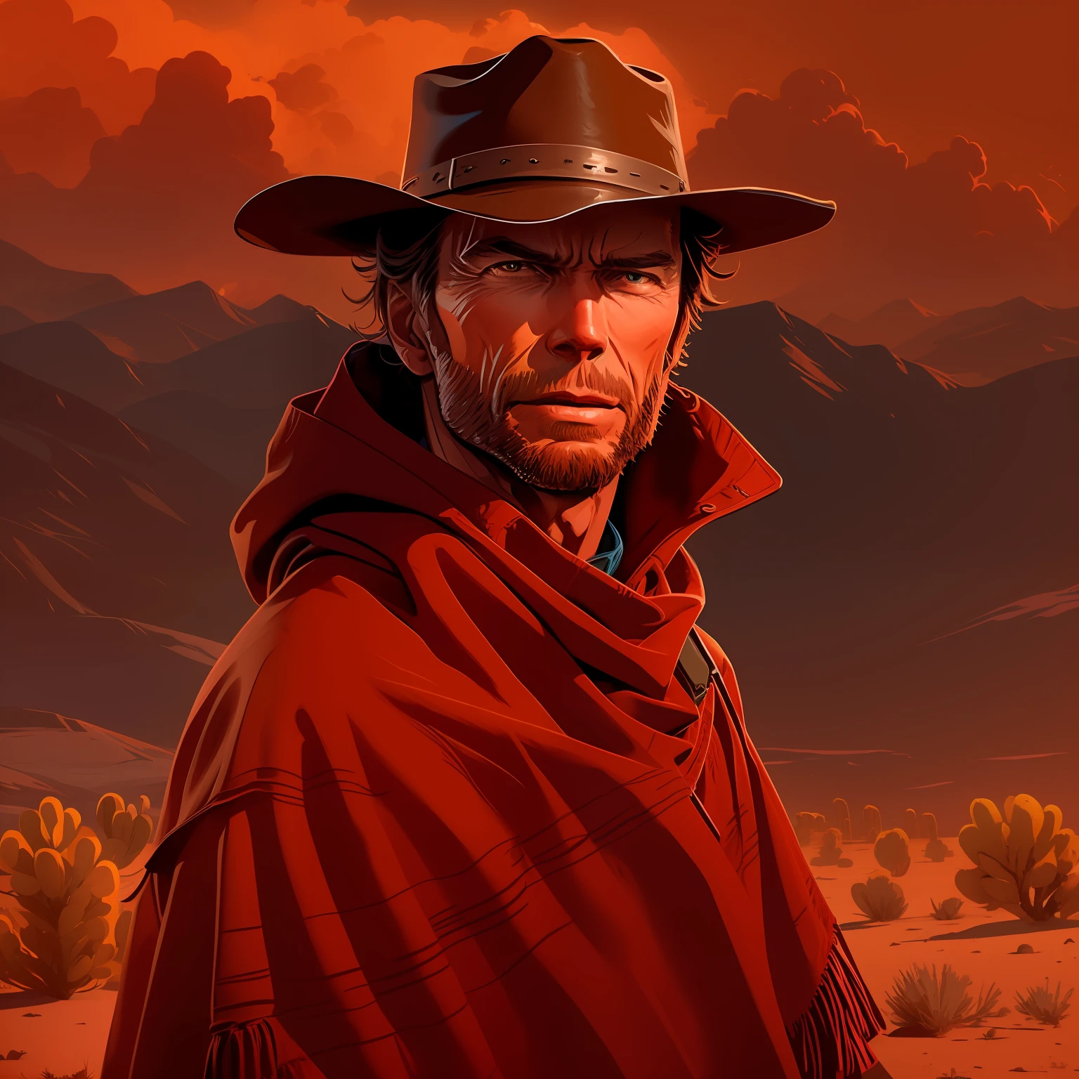 R3DD34Dstyle, digital painting, clint eastwood, cowboy hat, (bright brown poncho:1.3), in the desert, (red sky:1.3)