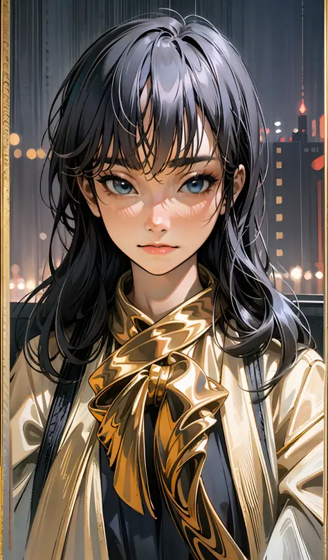 ((extremely detailed CG portrait)), (masterpiece), (best quality), black hair, beautiful eyes, (night view), (city lights), (dar...