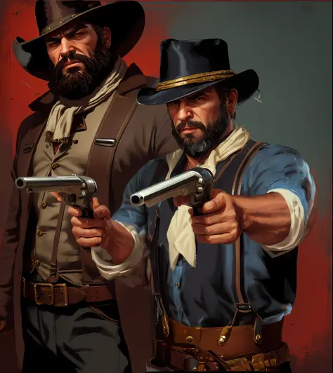 r3dd34dstyle, digital portrait, big beard, cowboy, meticulous facial features, holding two silver revolvers, haired arms, blue s...