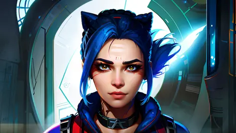 imagem arafed de uma mulher com cabelo azul e uma orelha de gato, retrato de jinx de arcane, alena aenami e artgerm, rossdraw 1....