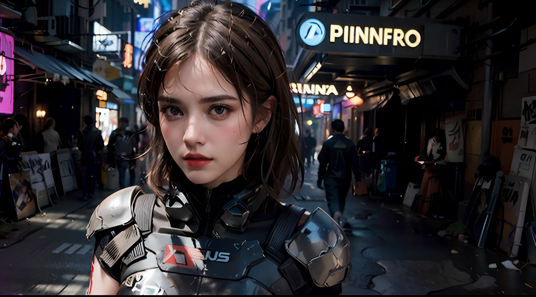 De cerca, Una supermodelo muy bonita, rubio, con caderas muy anchas y cintura estrecha, labios llenos, Cintura pequeña y caderas grandes, pintalabios rojo, en trajes cyberpunk en una bulliciosa ciudad cyberpunk con letreros de neón, estética de blade runner, Luces de neón, enfoque nítido, foto de estudio, detalles intrincados, muy detallado, Profundidad de campo, enfoque nítido, Alto detalle, textura de piel realista, Realista, fotorrealista, arte digital, pintura Fosca, Dirigido por: Greg Rutkowski