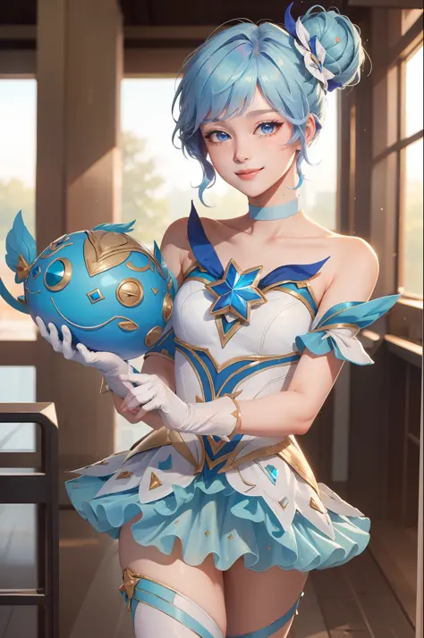 (Masterpiece:1.4), (Best quality:1.2), star guardian orianna, Blue hair, hair-bun, Ballerina, Short dress, White gloves, Smile, ...