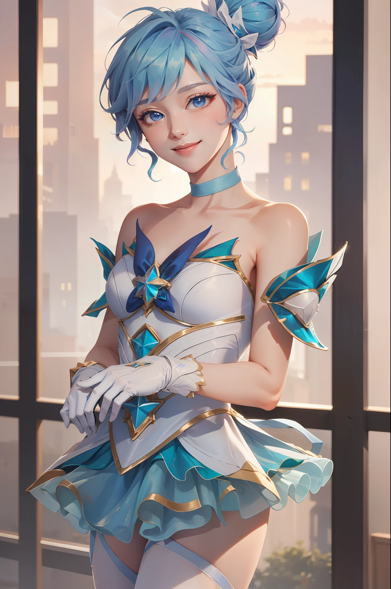 (obra maestra:1.4), (mejor calidad:1.2), star guardian orianna, pelo azul, Moño, bailarina, vestido corto, guantes blancos, sonrisa, Parte superior del cuerpo, tiro de vaquero