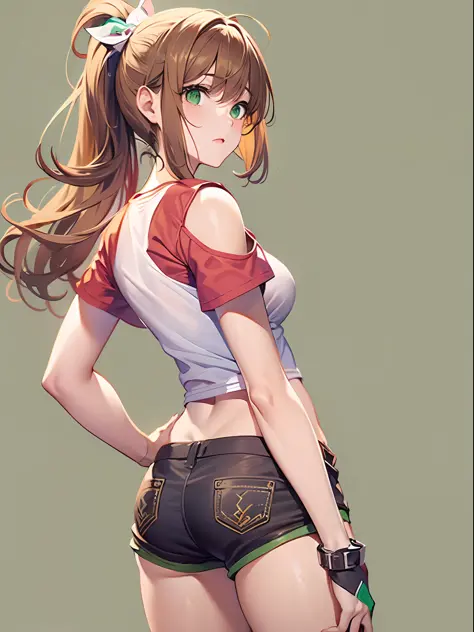 only 1 girl, beautiful, wearing Pantyhose and shorts ,white T-shirt, light brown hair, short ponytail, cowboy shot, green background ,masterpiece, anatomically correct, textured skin, super detail, high details, best quality, high quality