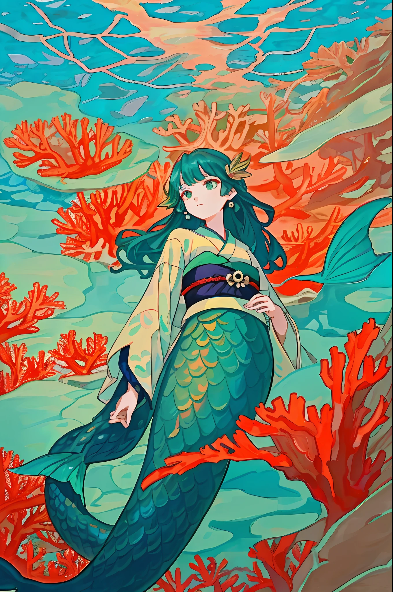 Dans les eaux profondes des récifs coralliens、Il y a une sirène qui ressemble à une belle femme、La couleur du corps est comme l&#39;émeraude.、La structure est une demi-sirène、Elle m&#39;a regardé d&#39;en haut、Je l&#39;ai regardée d&#39;en bas、Je tiens une perle dans mes mains 。Porter un kimono japonais、