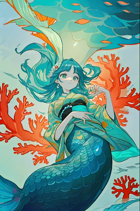 In the deep waters of coral reefs、There is a mermaid who looks like a beautiful woman、The body color is like emerald.、The struct...