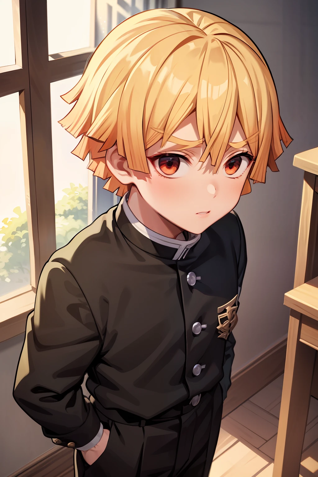 Demon Slayer Uniform、Boy Standing、Look at the viewer、Face,focus at face, Nervous,a blond