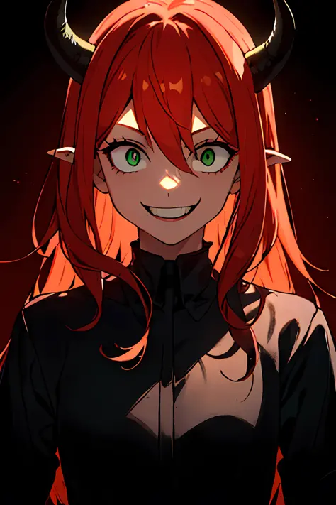 1girl, (torned clothes:1.1), ginger haired girl with green eyes and black horns, cinematic lighting, dark, shadows, red backgrou...