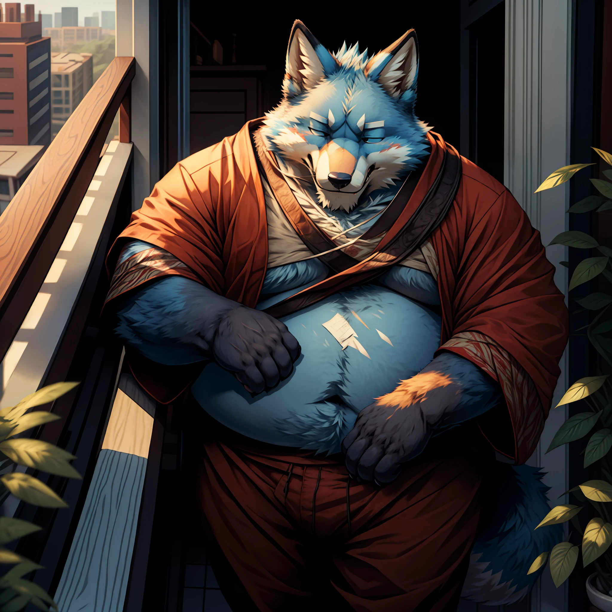 tmasterpiece，Raised sexy，The best quality，ultra - detailed，+hairy pubic，Anthropomorphic fox male，Fox in black，There are a little red details on the ears and paws，Gray-blue fur，Slightly fat，strong，Handsome，molasses，Tired，perspired，komono，Balcony setting。
