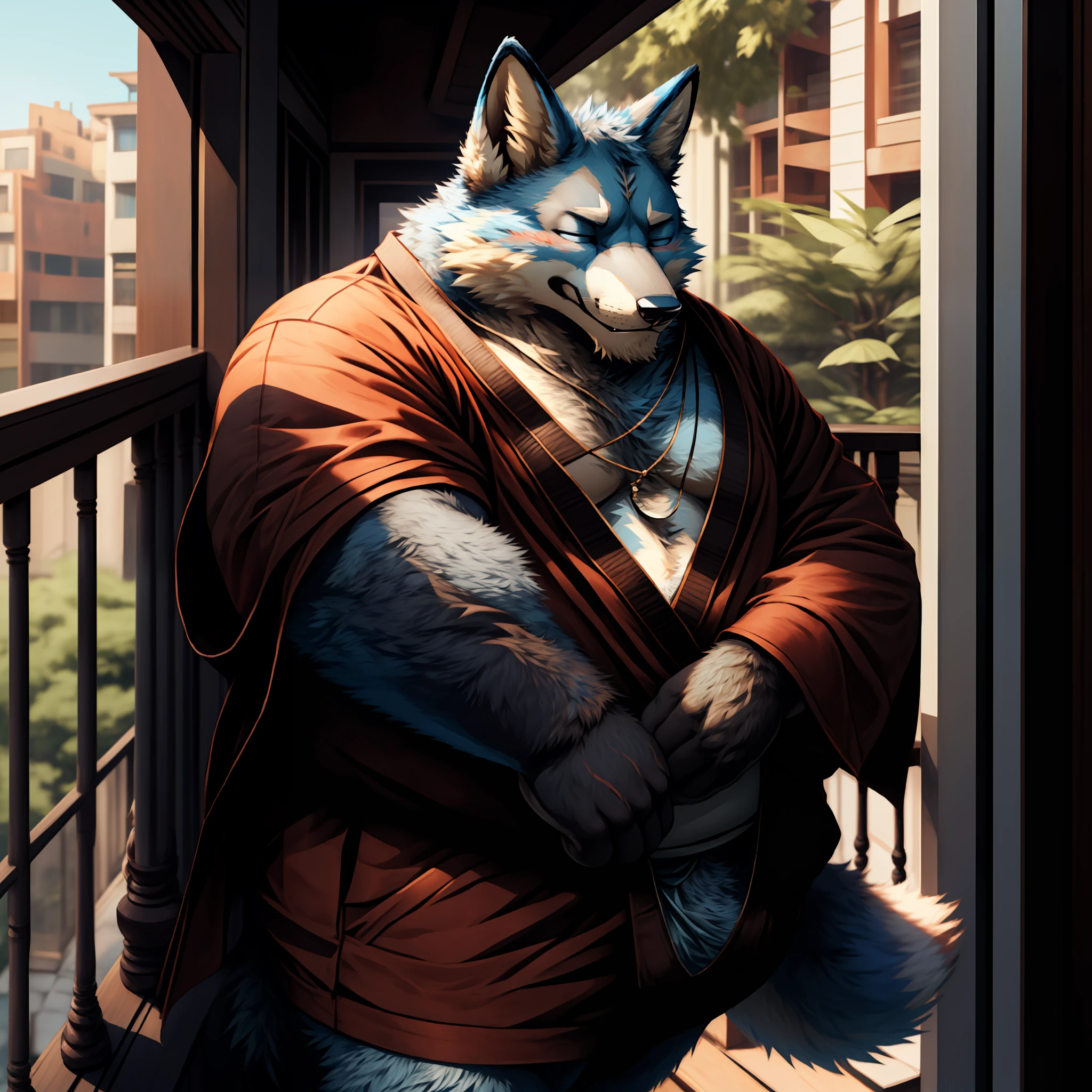 tmasterpiece，Raised sexy，The best quality，ultra - detailed，+hairy pubic，Anthropomorphic fox male，Fox in black，There are a little red details on the ears and paws，Gray-blue fur，Slightly fat，strong，Handsome，molasses，Tired，perspired，komono，Balcony setting。