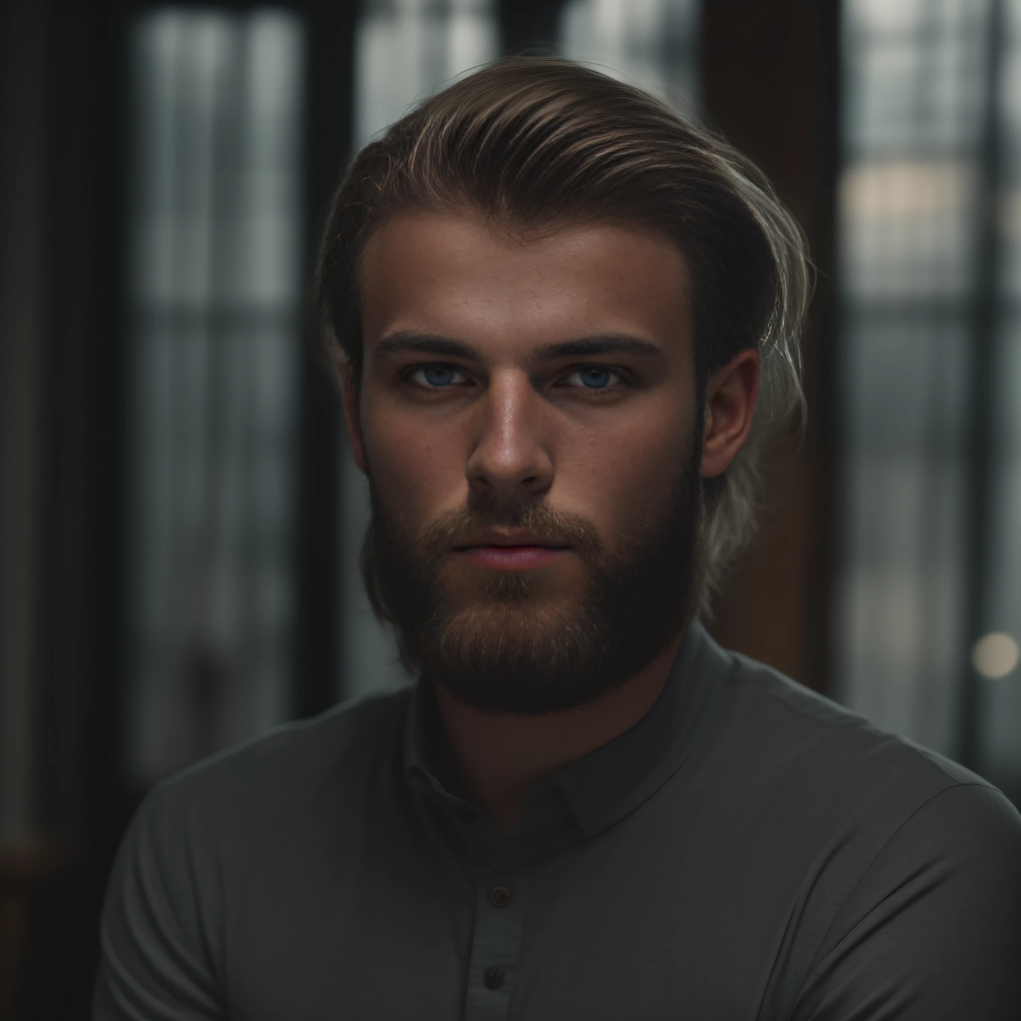 Um homem de 23 anos da Dinamarca, masculino, barbudo, barba cheia, Modelo, corpo inteiro, pose elegante, muito bonito, olhando para a câmera, imagem detalhada, Ultra HD, 8K, bem iluminado, grão de filme, iluminação perfeita