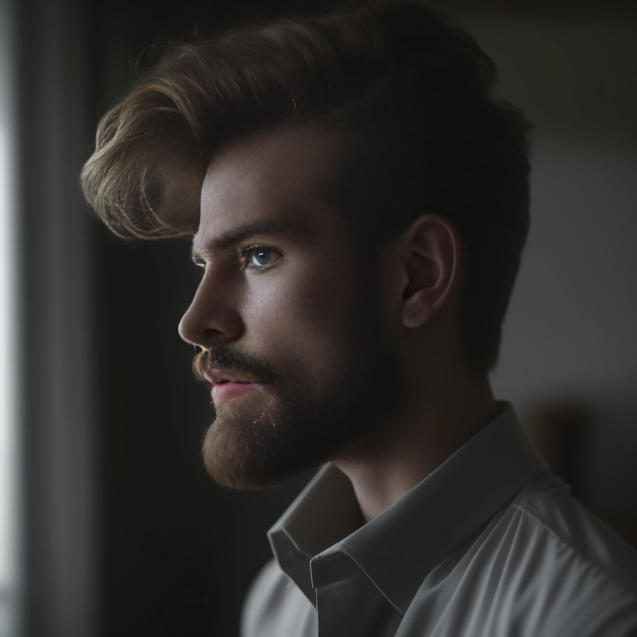 23-летний мужчина из Дании, мужской род, бородатый, ключевая борода, модель, все тело, элегантная поза, очень красивый, глядя в камеру, детальное изображение, UHD, 8К, хорошо освещенный, зерно пленки, идеальное освещение
