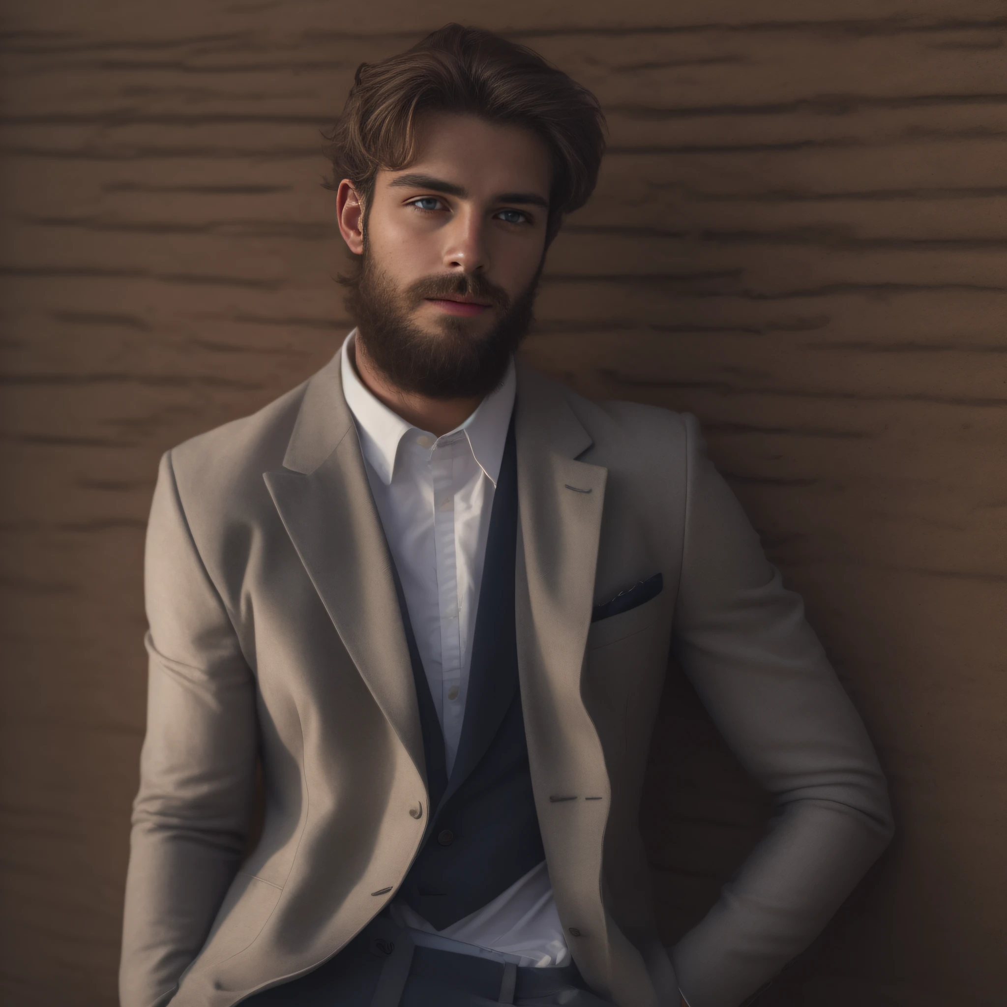 A 23-year-old man from Netherlands, masculino, barbudo, barba cheia, modelo, corpo inteiro, pose elegante, muito bonito, looking-into-camera, imagem detalhada, UHD, 8k, bem iluminado, grain of film, perfect  lighting