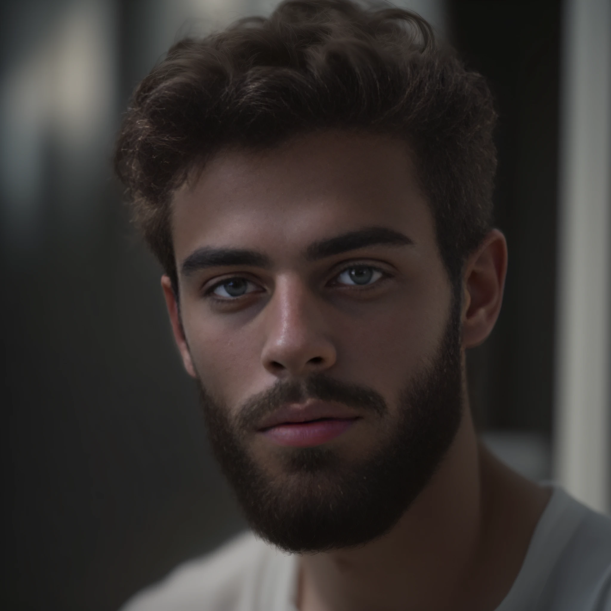 A 23-year-old man from Netherlands, masculine, bearded, full beard, role model, fully body, elegant pose, Very beauthful, looking-into-camera, detailled image, uhd, 8K, well-lit, grain of film, perfect  lighting